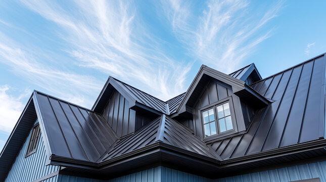 Low angle view of a dark metal standing seam roof on a house with blue siding, set against a bright blue sky with wispy cirrus clouds
