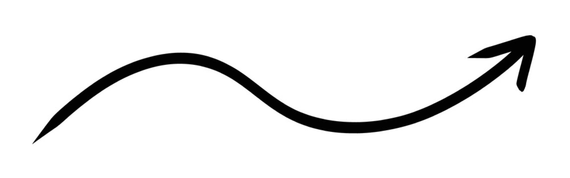 Black hand drawn wavy undulating arrow element on white background