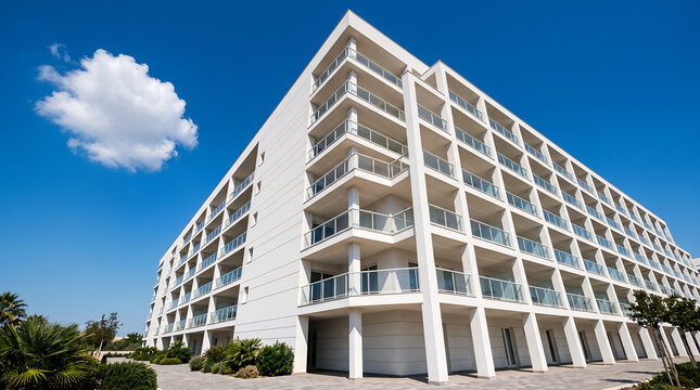 Low angle view of a white multi-story hotel building with glass balconies, against a clear blue sky with a single white cloud