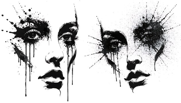 Black and white abstract face with splatter paint effect