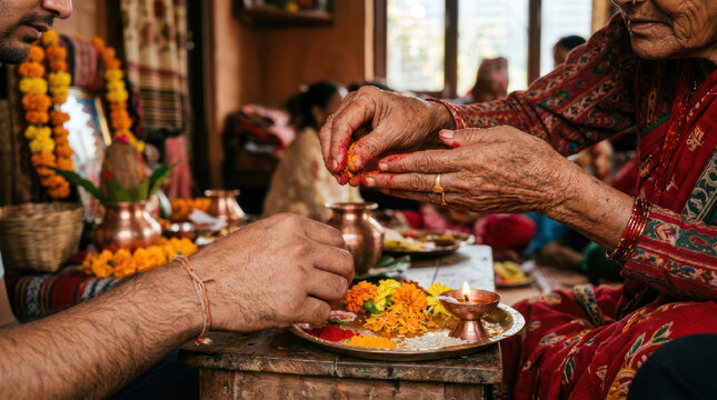 Hands offering sacred items during a religious ceremony.
