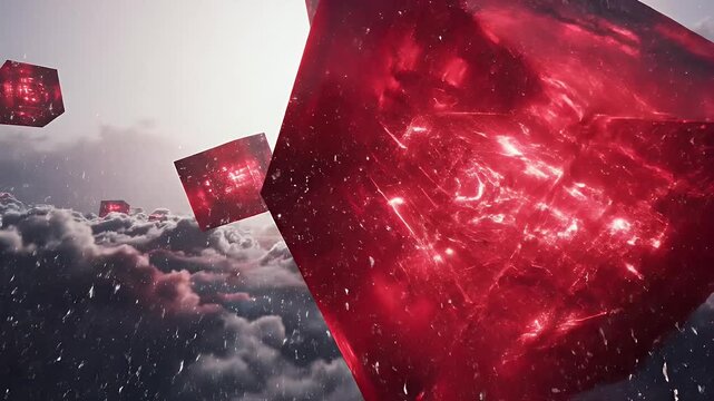 Glowing crimson cubes hover above stormy clouds in a mystical, atmospheric scene