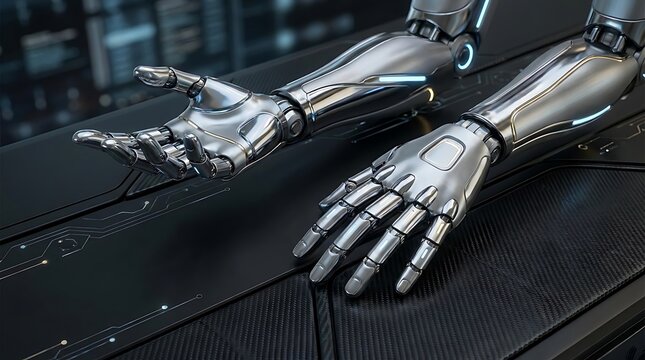 Robotic hands extended offering help futuristic technology concept