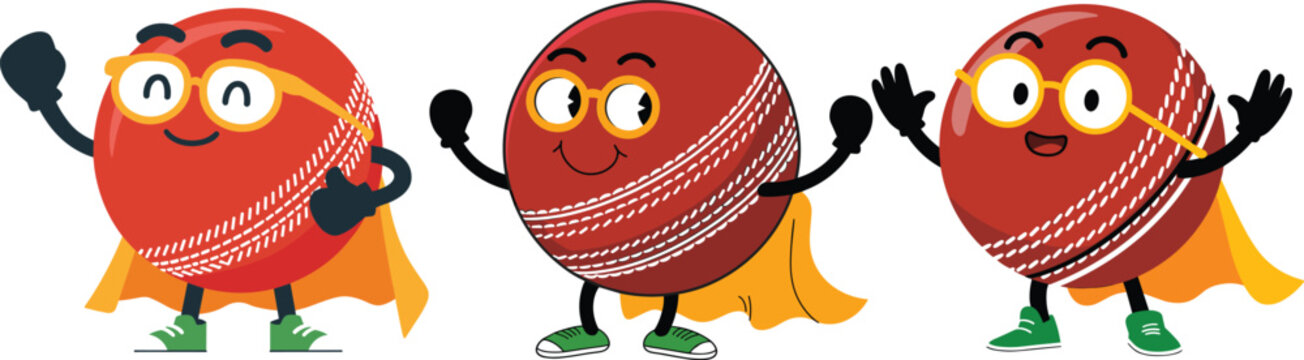 Cute cartoon red cricket ball superhero characters set isolated on white background for kids sports academy and cricket club branding