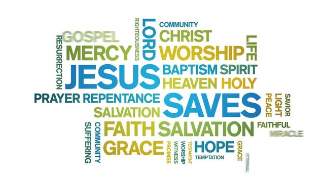 Jesus Saves animated word cloud-text design animation tag kinetic typography seamless loop.