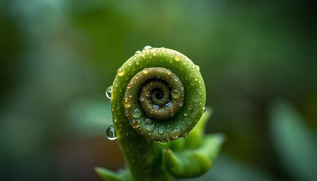 Extreme macro close-up of a young unfolding fern leaf with dew drops, spiral nature pattern, vibrant green botanical background