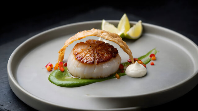Gourmet seared scallop served on a vibrant green pea puree with a crispy tuile, citrus wedges, and colorful vegetable brunoise on a grey plate