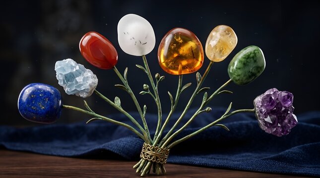 Fantasy 3D Crystal Flower Bouquet Prop On Dark Blue Velvet Background