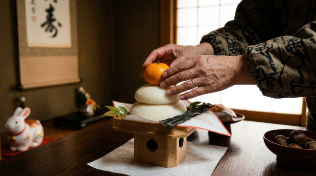 Person arranging a traditional Japanese New Year decoration Kagami Mochi.