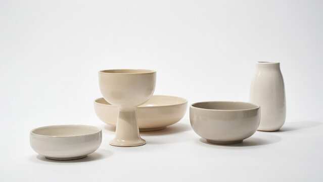 Set minimalist white bowls plates wooden table isolated white background clean design