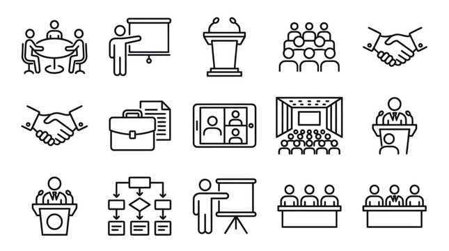 Business meeting presentation and team collaboration icon set.