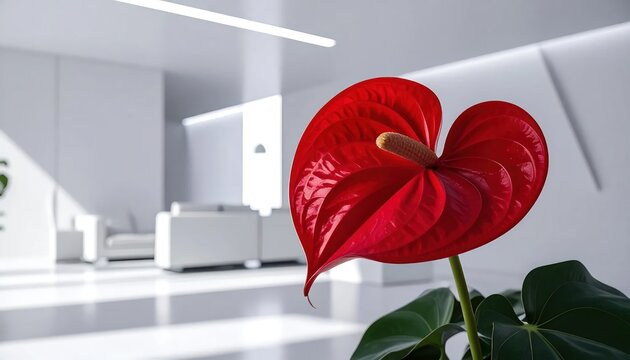 Vibrant Red Anthurium Flower in a Modern White Interior.