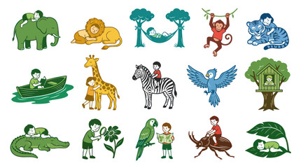 Obraz premium Playful Kids Wildlife Flat Cartoon Vector Illustration Set for Children's Education Nature Themes