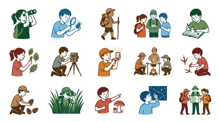 Obraz premium Kids Learning Outdoors: Nature Exploration, Camping, Science Vector Illustrations