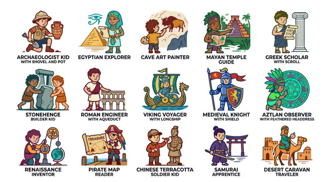 Cute Cartoon Kids Historical Professions and Ancient Cultures Flat Vector Illustration Set