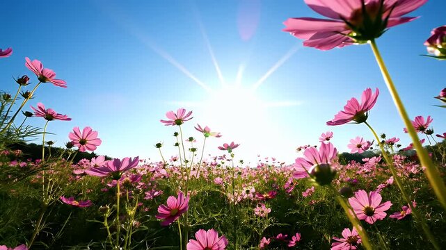 A low-angle view of pink flowers blooming under a bright sun and clear sky