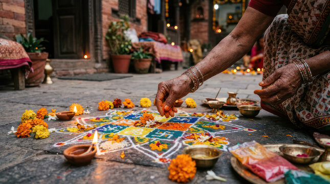 Woman Decorating Floor with Colorful Flowers and Diyas for Festival.