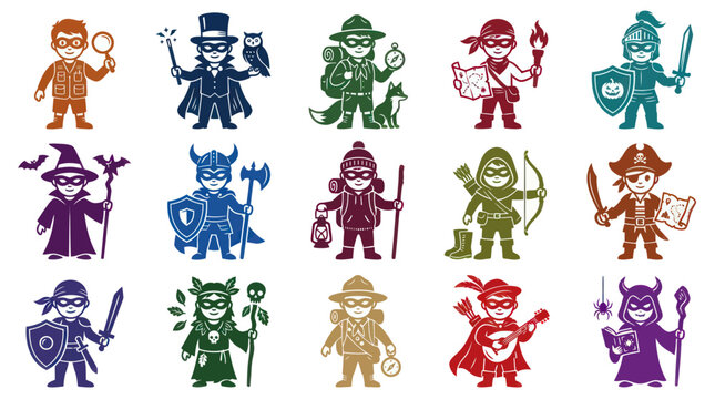 Stylized Monochromatic Adventure  Fantasy Role-playing Game Character Icons Glyph Set