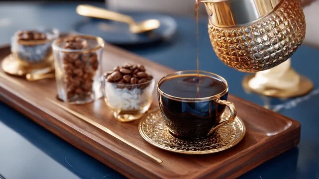 Turkish Coffee Ritual: A rich, dark Turkish coffee is poured from an ornate golden cezve into a delicate cup, accompanied by small dishes of coffee beans and sugar, on a rustic wooden tray.