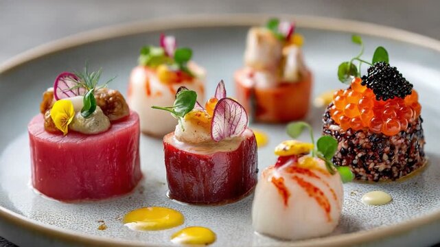 Gourmet Delights: A beautifully arranged plate showcases six exquisite small bites, each a culinary masterpiece with vibrant colors and delicate garnishes, promising an explosion of flavor.