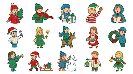 Fototapeta premium Cute Cartoon Christmas Children Characters Set - Hand-drawn Holiday Kids Activities Vector Illustration