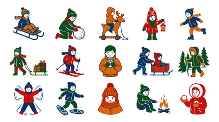 Fototapeta premium Children Winter Activities Flat Vector Illustration Set. Kids Playing in Snow, Sledding, Skiing, Skating, Christmas Holiday Icons.