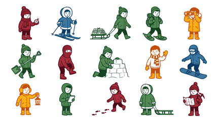 Fototapeta premium Flat Vector Illustration of Happy Children Enjoying Winter Activities, Outdoor Sports, and Cold Weather Fun