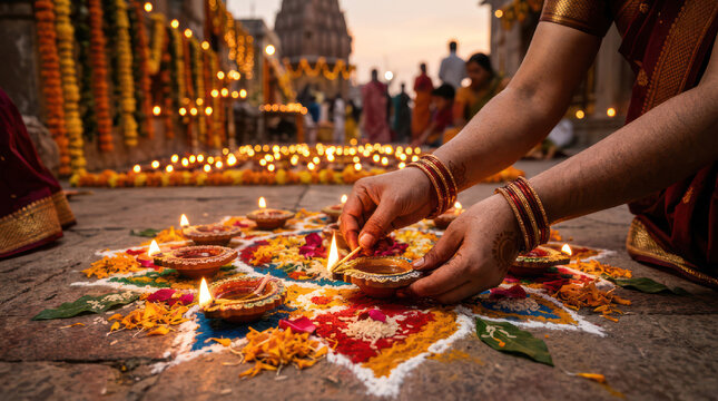 Woman lights oil lamps on a colorful rangoli during Diwali festival celebration.