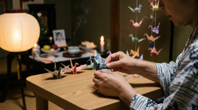 Woman making origami cranes by hand indoors.