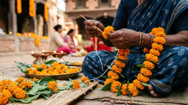 Woman making marigold flower garland for religious ceremony.