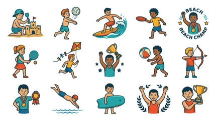 Fototapeta premium Children Summer Beach Sports Fun Cartoon Vector Illustration Set with Winning Trophies