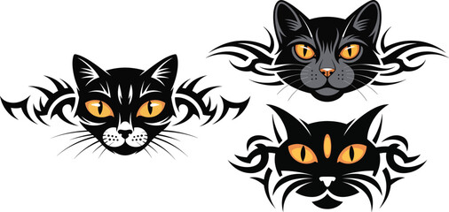 Fototapeta premium Set of black cat head vector illustrations with tribal tattoo ornaments and sharp yellow eyes on white background