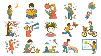 Fototapeta premium Diverse Children Activities Vector Art: Reading, Playing Music, Cycling, Gardening