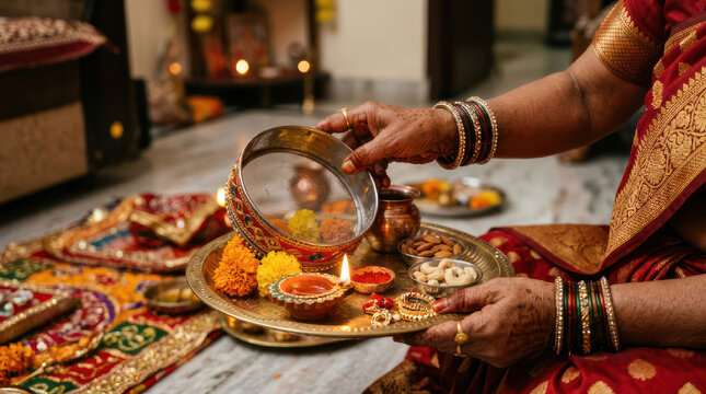 Woman performing Karwa Chauth ritual with sieve and diya.