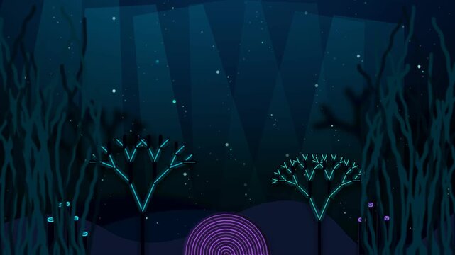 Glowing deep ocean corals illuminate the dark abyssal landscape