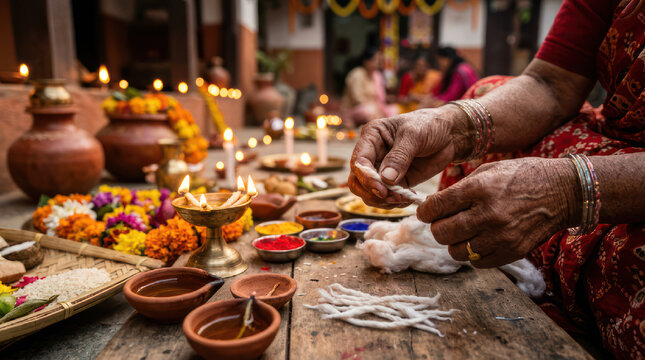 Woman preparing offerings for a religious ceremony with clay lamps and flowers.