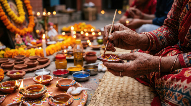 Woman preparing diyas for Hindu festival of lights celebration.