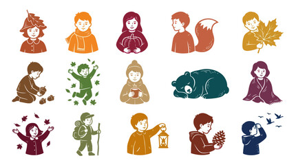 Fototapeta premium Autumn Kids Nature Stylized Graphic Illustrations for Fall Activities Seasonal Elements