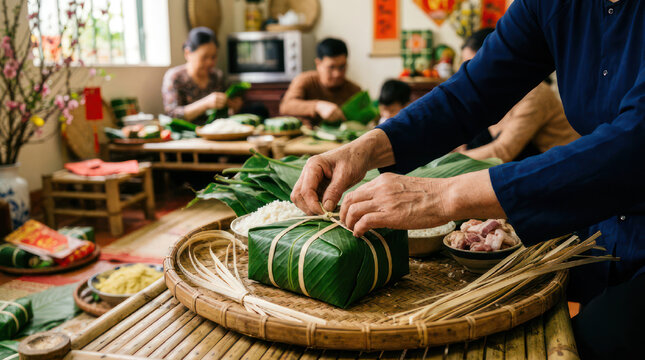 Womans hands tying a traditional Vietnamese banh chung cake with string.