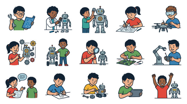 Children Building Robots and Drones, Technology Education, Flat Vector Art