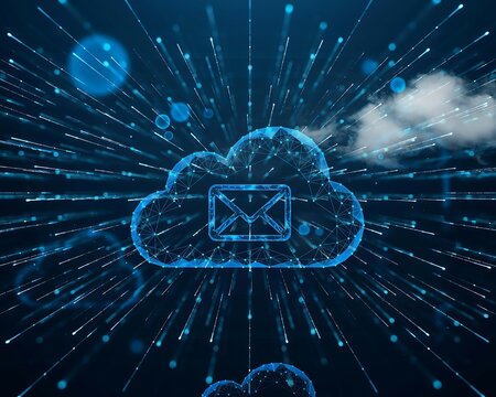 Digital cloud computing with glowing envelope and radial light streaks network data