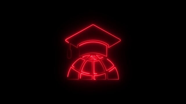 Global Education Neon Symbol with Red Graduation Cap and World Emblem on Dark Black Background in Modern Academic Artwork