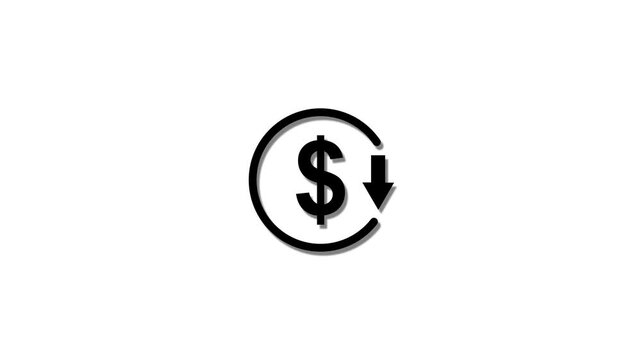 Abstract decrease icon on White background. Dollar rate down looped icon. Reduce costs sign and symbol. Motion graphic 4k animation video.