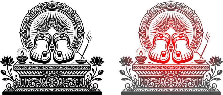 Guru Purnima illustration set featuring the holy feet paduka of a spiritual teacher placed on an altar with an ornate sunburst mandala aura, burning incense, diya lamp, and lotus flowers in solid 