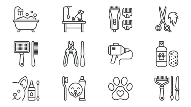 Dog Grooming Icons Set: Bath, Brush, Clippers, Scissors, Dryer, Paw Print