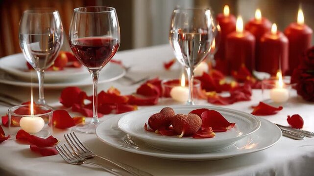 Romantic Dinner Setting: An intimate dinner table set for two, adorned with red rose petals, flickering candles, and fine wine glasses, evoking an atmosphere of love and passion.