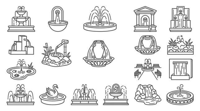 Collection of Fountain Icons: Diverse Designs for Gardens, Parks, and Architecture
