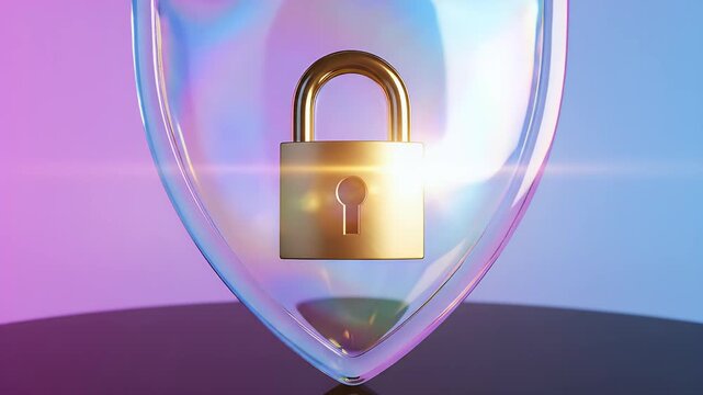 Golden padlock secured within a transparent, iridescent shield against a vibrant gradient backdrop