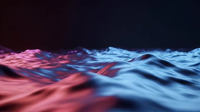 Abstract shimmering waves of pink and blue light undulate across dark background