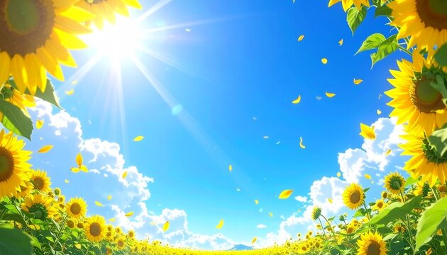 ひまわり 向日葵 青空 太陽 入道雲 夏 盛夏 日差し サンシャイン 眩しい 黄色 快晴 花びら 躍動感 爽快 コントラスト ランドスケープ 背景素材 プレースホルダー 自然